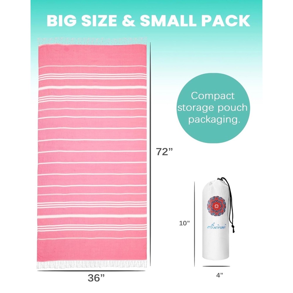 Antfuny Turkish Beach Towel Pink White Striped Oversized Peshtemal with Pouch - Picture 2 of 4